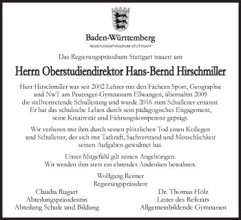 Traueranzeige von Hans-Bernd Hirschmiller von Schwäbische Post