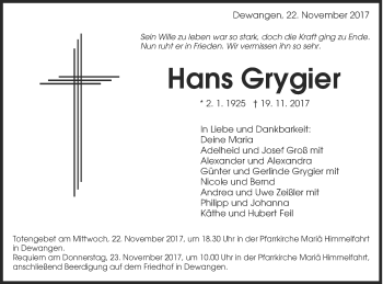 Traueranzeige von Hans Grygier von Schwäbische Post