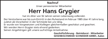 Traueranzeige von Hans Grygier von Schwäbische Post