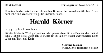 Traueranzeige von Harald Körner von Gmünder Tagespost