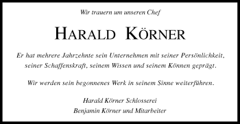 Traueranzeige von Harald Körner von Gmünder Tagespost
