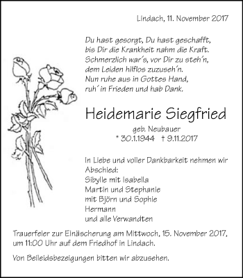 Traueranzeige von Heidemarie Siegfried von Gmünder Tagespost