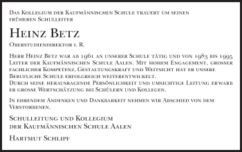 Traueranzeige von Heinz Betz von Schwäbische Post