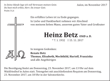 Traueranzeige von Heinz Betz von Schwäbische Post