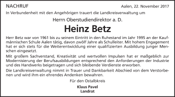 Traueranzeige von Heinz Betz von Schwäbische Post