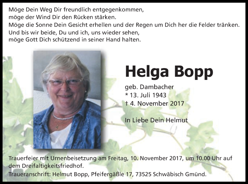  Traueranzeige für Helga Bopp vom 08.11.2017 aus Gmünder Tagespost