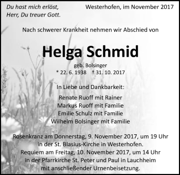 Traueranzeige von Helga Schmid von Schwäbische Post