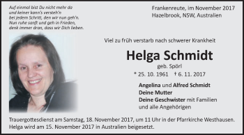 Traueranzeige von Helga Schmidt von Schwäbische Post