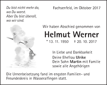 Traueranzeige von Helmut Werner von Schwäbische Post