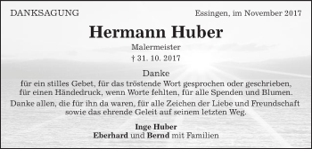 Traueranzeige von Hermann Huber von Schwäbische Post