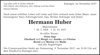 Traueranzeige von Hermann Huber von Schwäbische Post