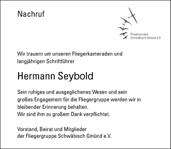 Traueranzeige von Hermann Seybold von Gmünder Tagespost