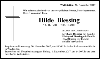 Traueranzeige von Hilde Blessing von Gmünder Tagespost