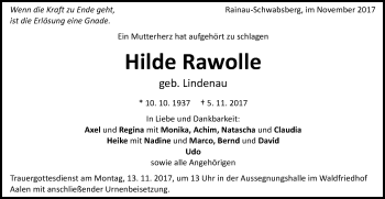 Traueranzeige von Hilde Rawolle von Schwäbische Post