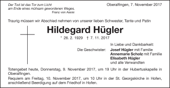 Traueranzeige von Hildegard Hügler von Schwäbische Post