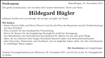 Traueranzeige von Hildegard Hügler von Schwäbische Post