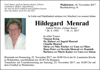 Traueranzeige von Hildegard Menrad von Gmünder Tagespost