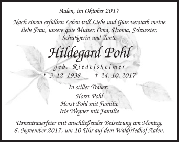 Traueranzeige von Hildegard Pohl von Schwäbische Post