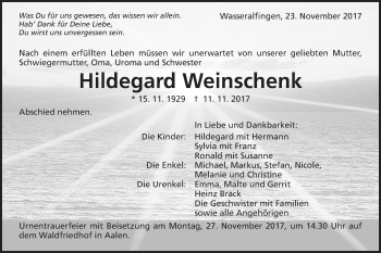 Traueranzeige von Hildegard Weinschenk von Schwäbische Post