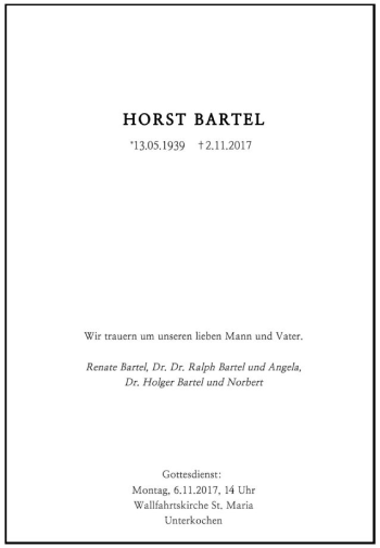 Traueranzeige von Horst Bartel von Schwäbische Post
