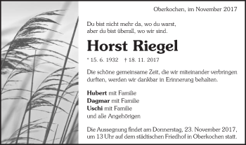 Traueranzeige von Horst Riegel von Schwäbische Post