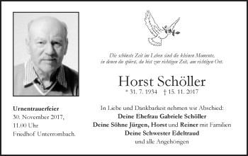 Traueranzeige von Horst Schöller von Schwäbische Post