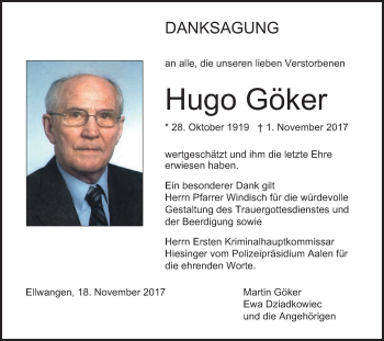Traueranzeige von Hugo Göker von Schwäbische Post
