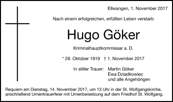 Traueranzeige von Hugo Göker von Schwäbische Post