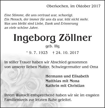 Traueranzeige von Ingeborg Zöllner von Amtsblatt_Oko
