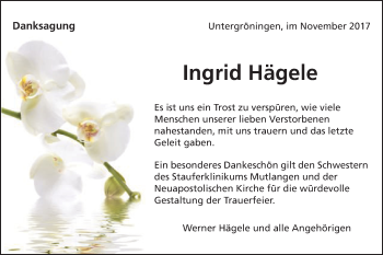 Traueranzeige von Ingrid Hägele von Gmünder Tagespost