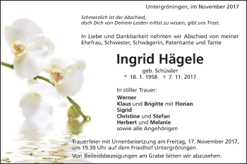 Traueranzeige von Ingrid Hägele von Gmünder Tagespost
