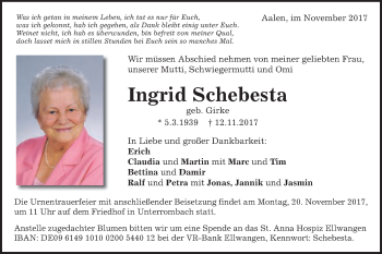 Traueranzeige von Ingrid Schebesta von Schwäbische Post