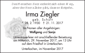 Traueranzeige von Irma Ziegler von Schwäbische Post