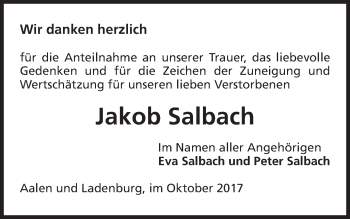 Traueranzeige von Jakob Salbach von Schwäbische Post