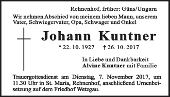 Traueranzeige von Johann Kuntner von Gmünder Tagespost