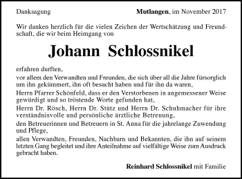 Traueranzeige von Johann Schlossnikel von Gmünder Tagespost