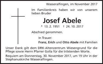 Traueranzeige von Josef Abele von Schwäbische Post