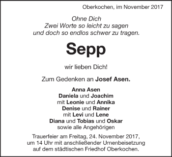 Traueranzeige von Josef Asen von Schwäbische Post