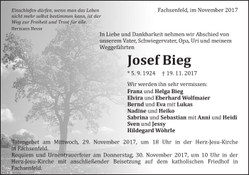 Traueranzeige von Josef Bieg von Schwäbische Post