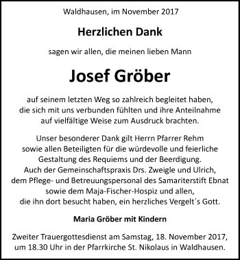 Traueranzeige von Josef Gröber von Schwäbische Post