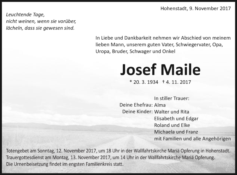  Traueranzeige für Josef Maile vom 09.11.2017 aus Schwäbische Post