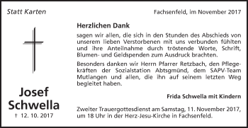 Traueranzeige von Josef Schwella von Schwäbische Post