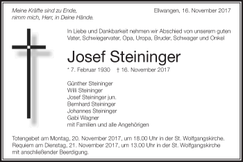 Traueranzeige von Josef Steininger von Schwäbische Post
