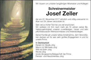 Traueranzeige von Josef Zeller von Schwäbische Post