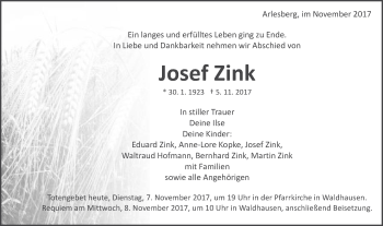 Traueranzeige von Josef Zink von Schwäbische Post