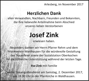 Traueranzeige von Josef Zink von Schwäbische Post