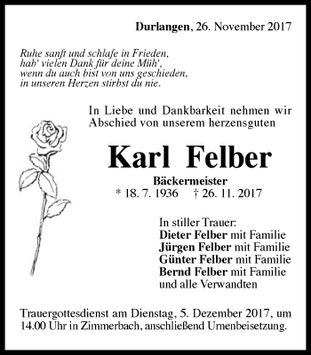 Traueranzeige von Karl Felber von Gmünder Tagespost