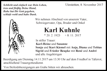 Traueranzeige von Karl Kuhnle von Gmünder Tagespost
