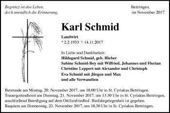 Traueranzeige von Karl Schmid von Gmünder Tagespost