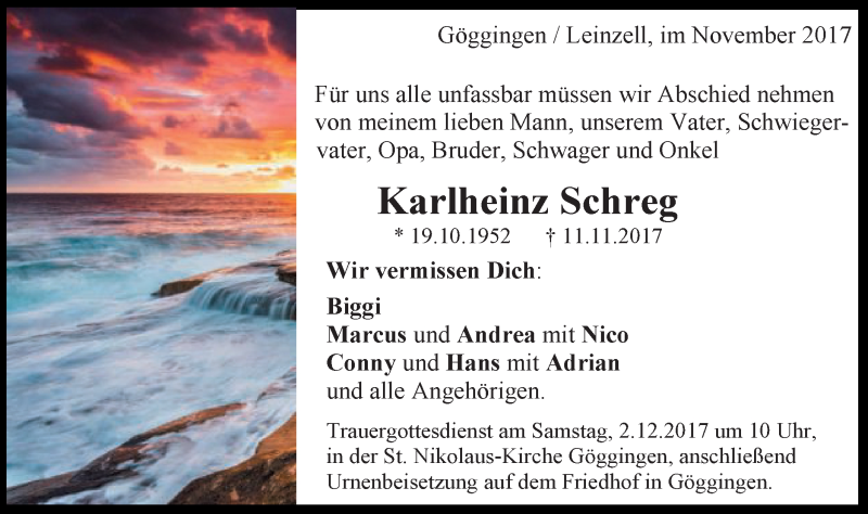  Traueranzeige für Karlheinz Schreg vom 29.11.2017 aus Gmünder Tagespost